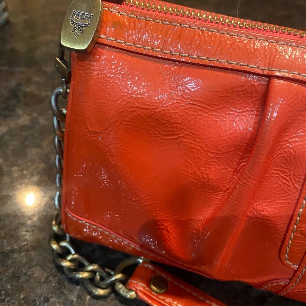 MCM Orange Leather Clutch with Chain Strap